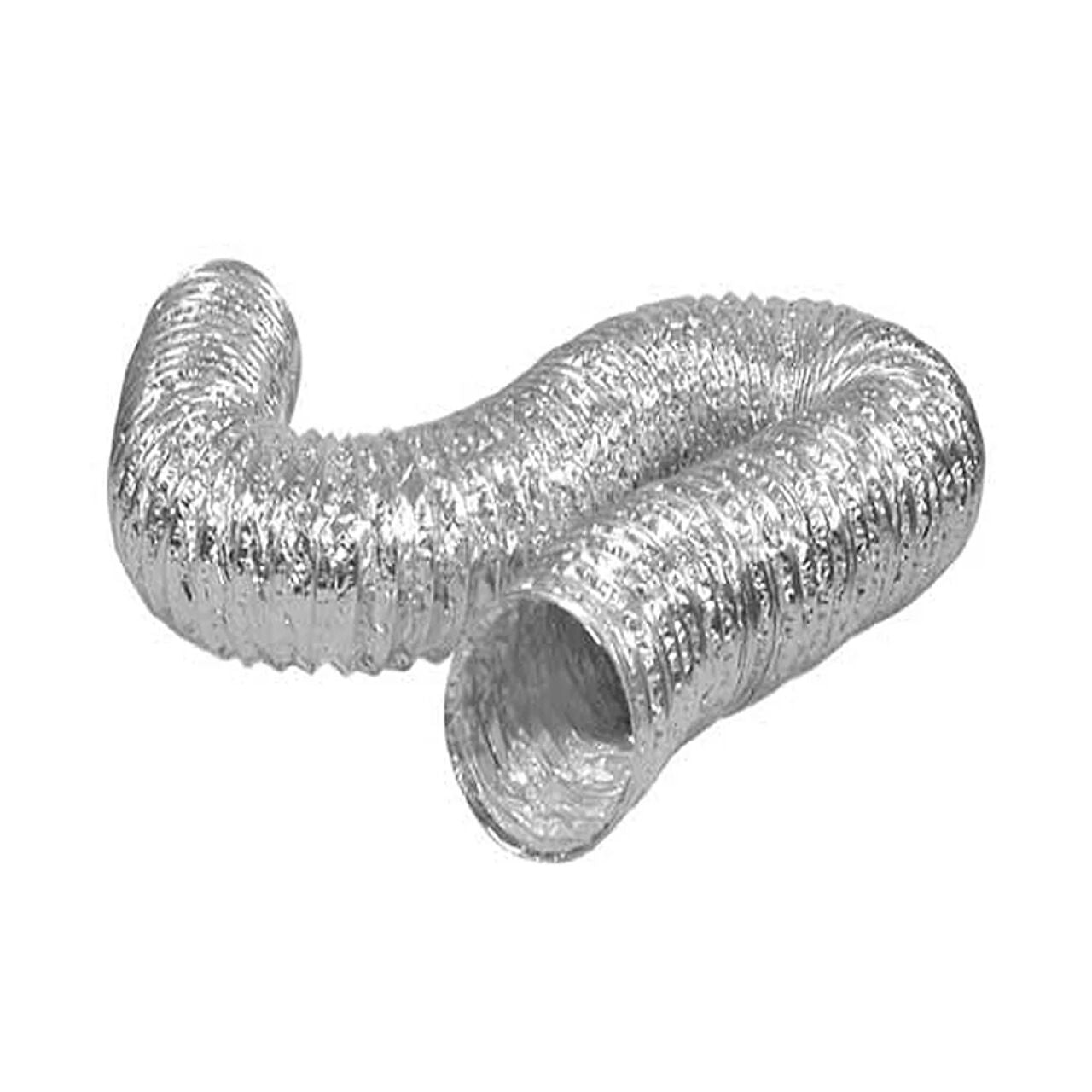 The Go Build 4 in. x 8 ft. Flexible Duct, a corrosion resistant silver metallic hose with a ribbed surface, is bent in a loose curve against a plain white background.